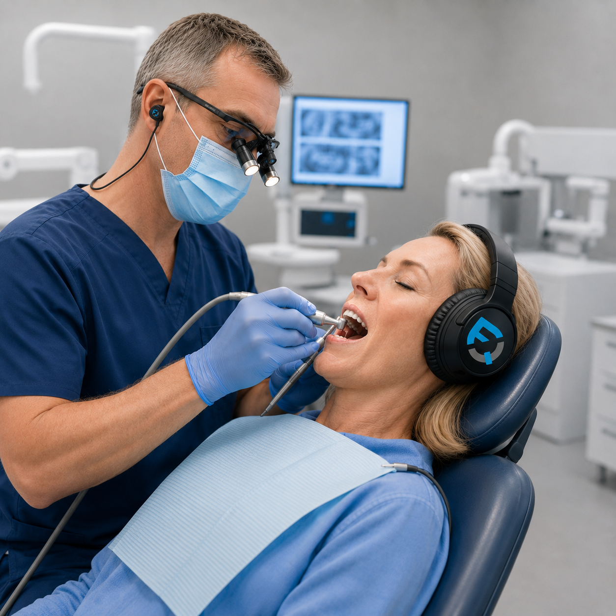 Patient wearing Finally Quiet headphones during dental procedure