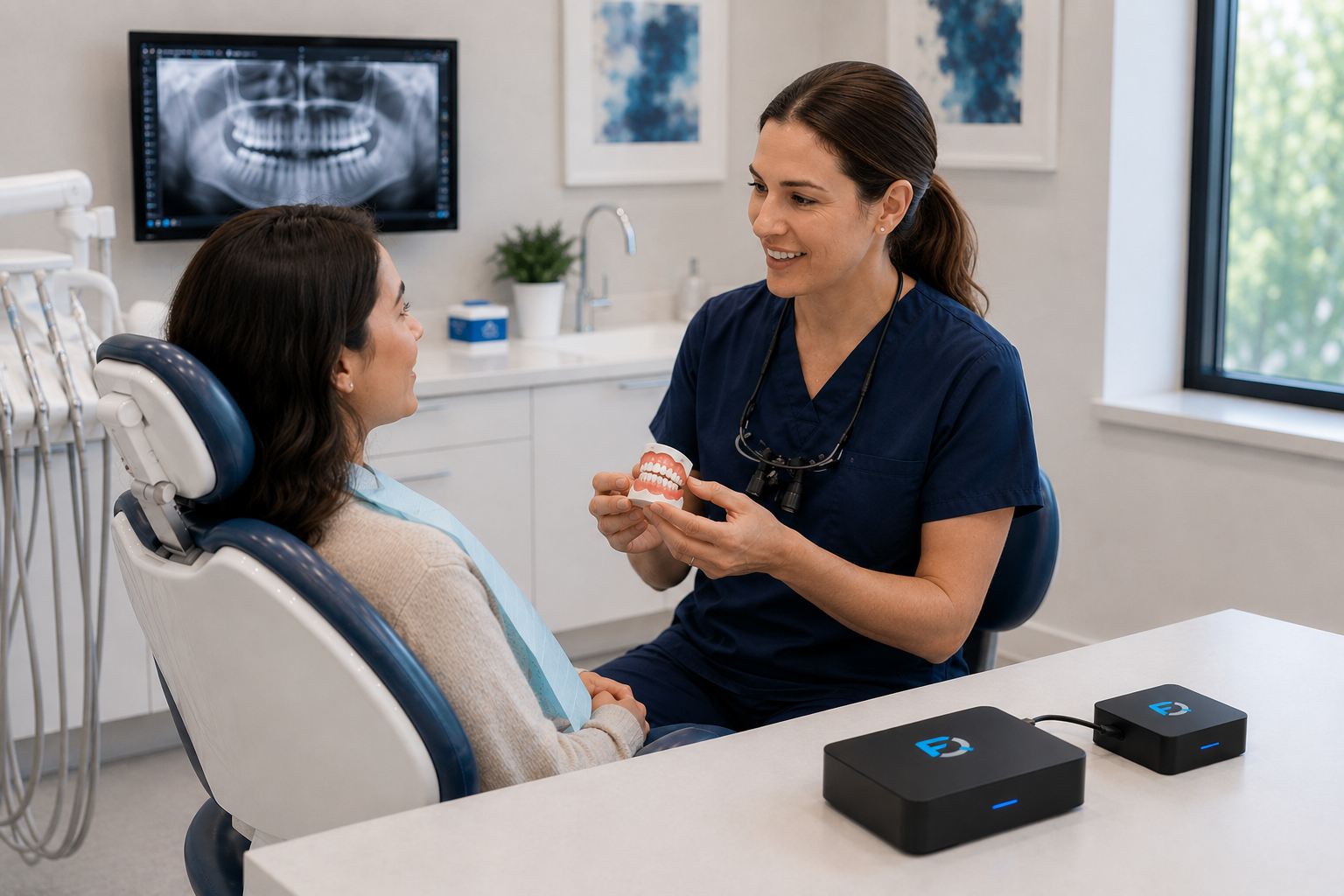 Dentist wearing Finally Quiet! audio devices during a clinical procedure