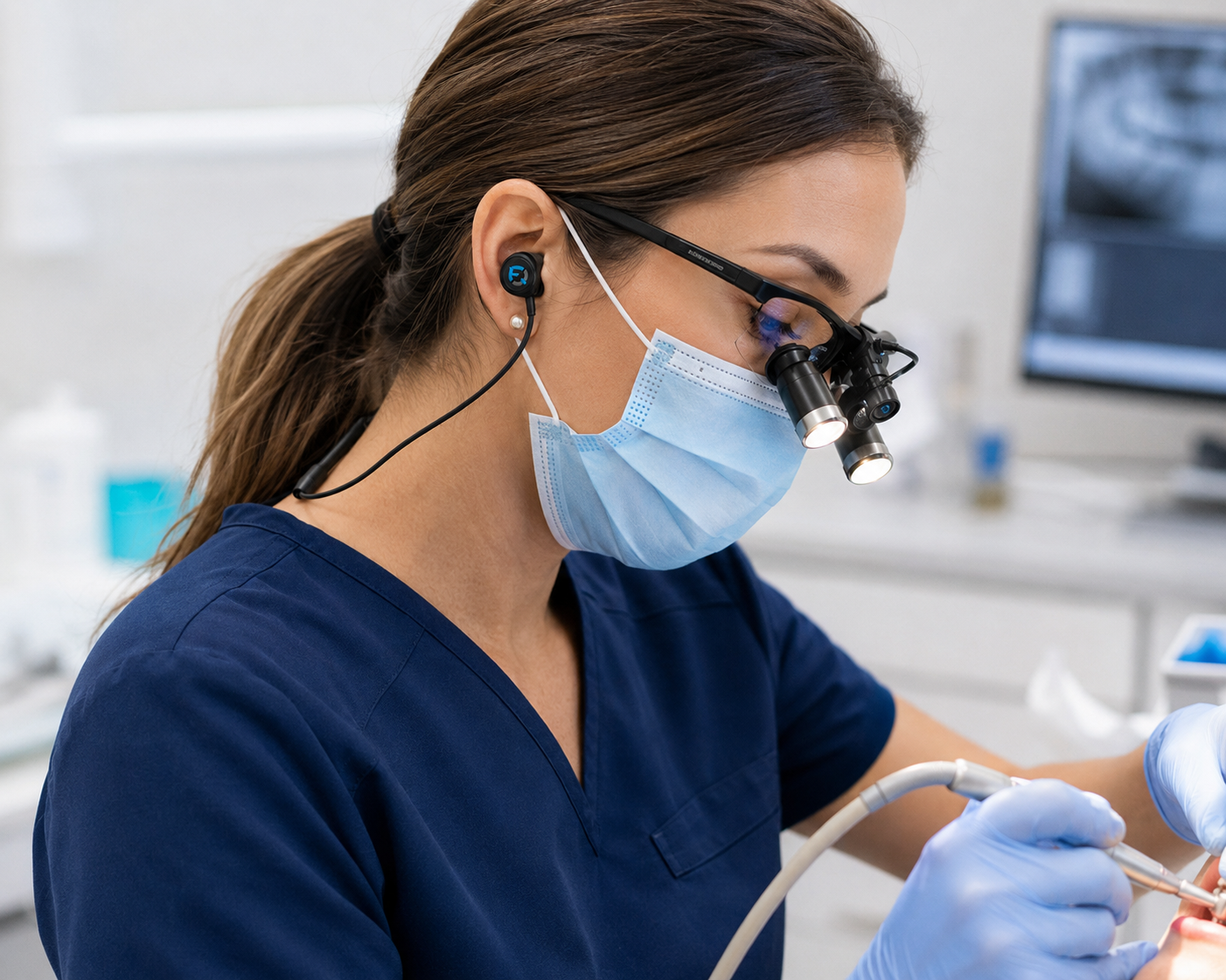 Patient and dental professional wearing Finally Quiet! headphones